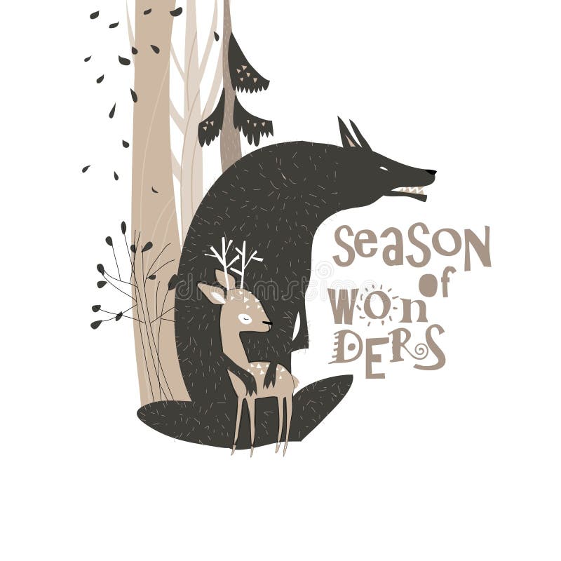 Lupo nero che abbraccia il piccolo cervo nella foresta autunnale illustrazione di stock