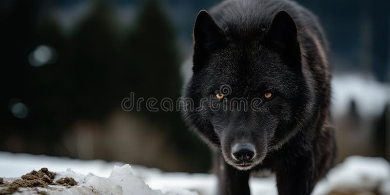 Lupo nero con occhi traballanti si riversa nella foresta nevosa scampando potere e mistero royalty illustrazione gratis