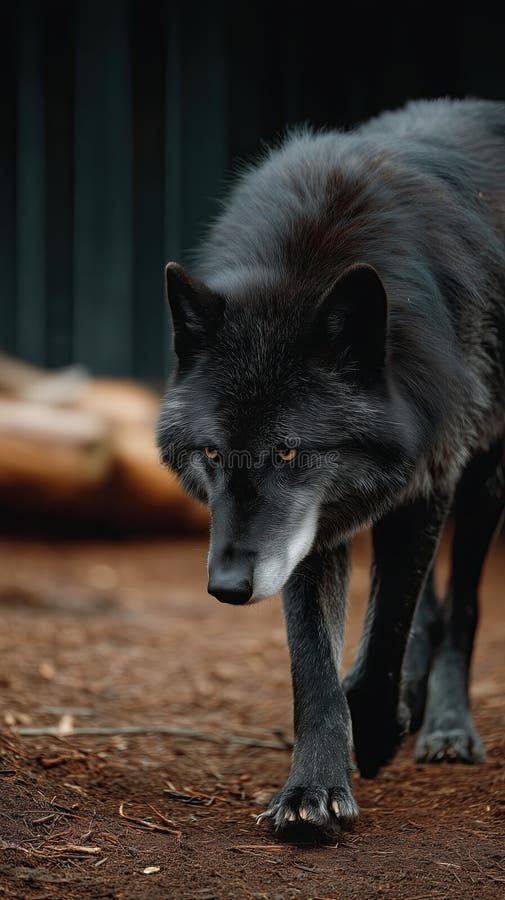 Lupo nero con occhi trafitto passeggiano sul pavimento della foresta esumando il senso di mistero e potere royalty illustrazione gratis