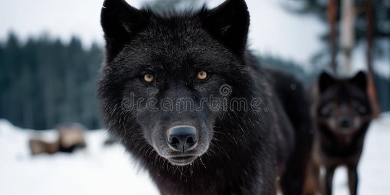 Lupo nero fisso di continuo nella foresta di neve con un altro lupo in sottofondo royalty illustrazione gratis