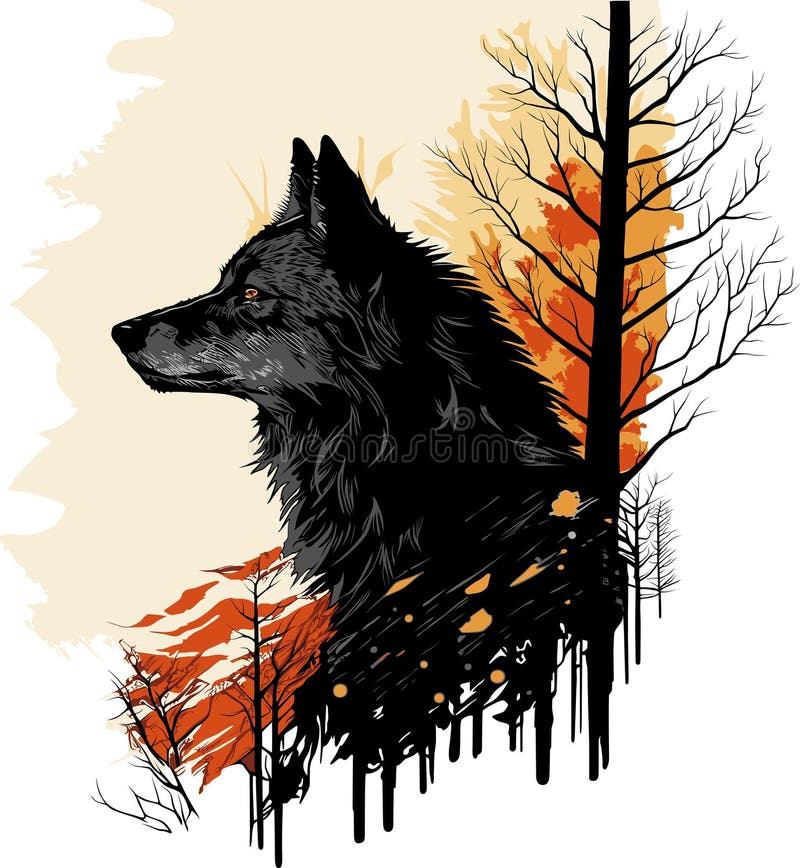 Lupo nero nella foresta rossa. ritratto illustrazione di stock