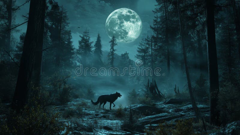 Lupo solitario sotto luna piena in una foresta mistica illustrazione di stock
