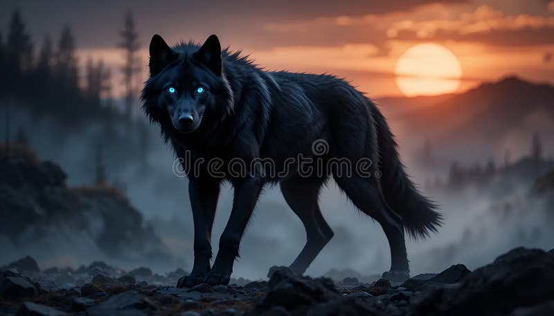 Lupul Negru Maiestuos la apus în munții Misty royalty free illustration