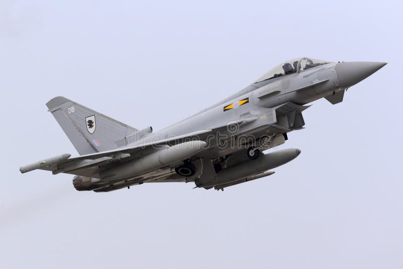 Luqa, Malta - 20 October 2015: RAF Typhoon takes off. royalty free stock photos Luqa, Malta - 20 October 2015: RAF Typhoon takes off. royalty free stock photos