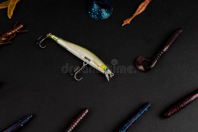 Lures for Bass Fishing on the Black Backdrop Stock Image - Image