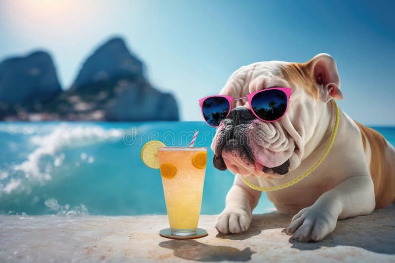 Lusande bulldocka som dricker cocktail på stranden. Sommarsjökort. AI-generativ illustration. royaltyfri illustrationer