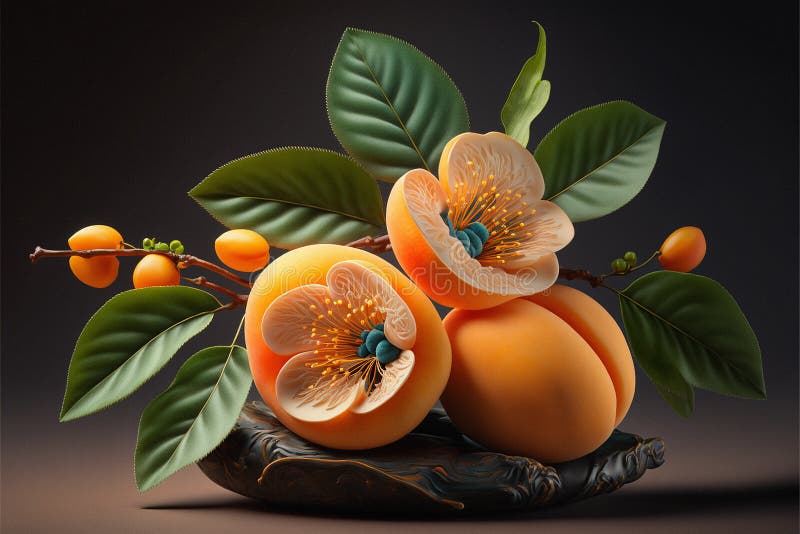 Luscious fresh ripened apricots with leaves