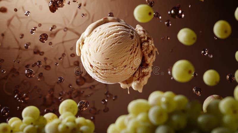 Vibrant fruit display with creamy coffee ice cream scoop art vector illustration