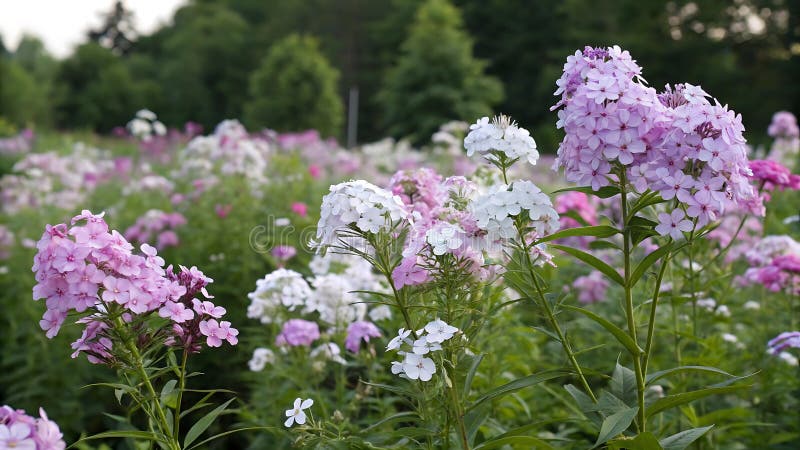 Lush Field of Pink Phlox Flowers in Summer Bloom Stock Photo Generative AI stock illustrationer