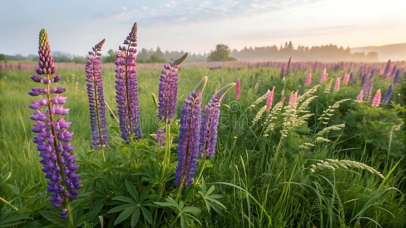 Lush Field of Purple Lupine Flowers in Full Bloom Stock Photo Generative AI royaltyfri illustrationer