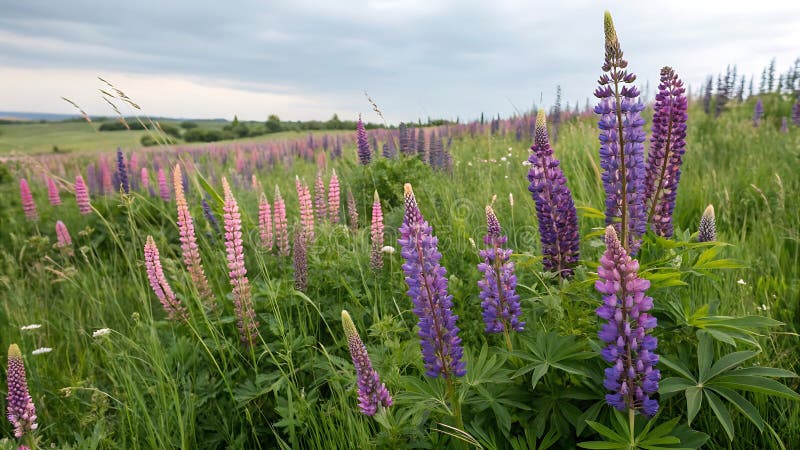 Lush Field of Tall Purple Lupine Flowers in Full Summer Bloom Stock Photo Generative AI royaltyfri illustrationer