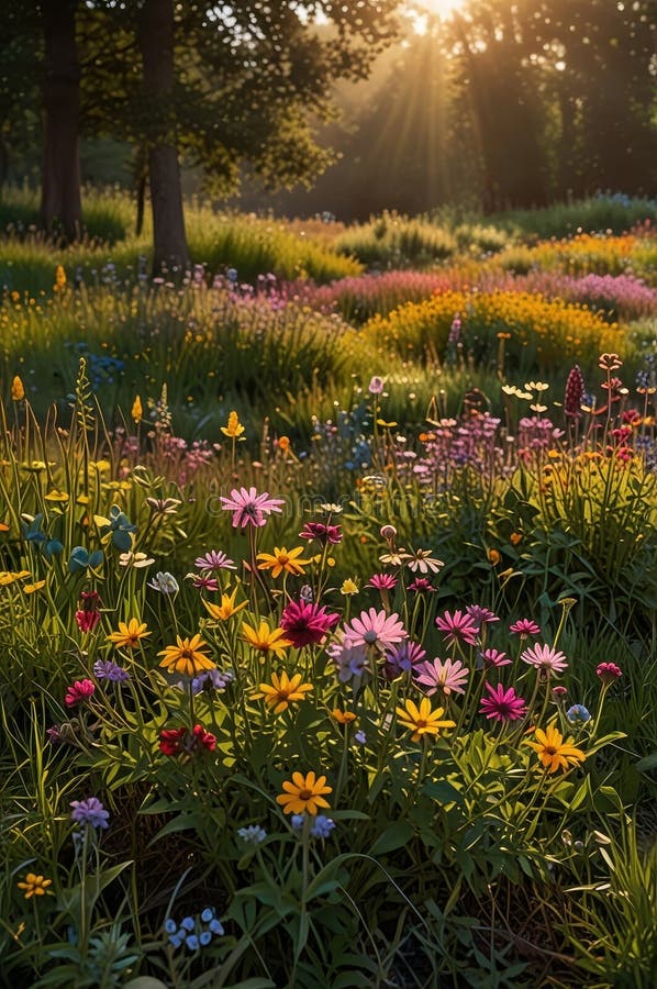 Lush Field of Wildblommor in Bloom with Warm Sunlight stock illustrationer
