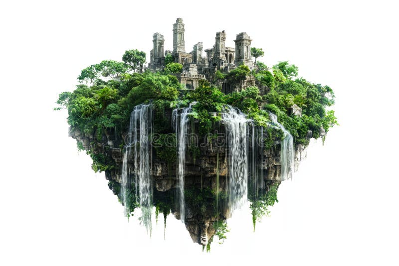 A lush floating island with waterfalls and ancient ruins, hovering against a white background stock illustration