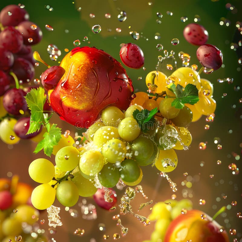 Stropire vibrantă a fructelor în aer. struguri proaspeți și mere împrăștiați în picături de apă. viață dinamică și colorată royalty free stock image