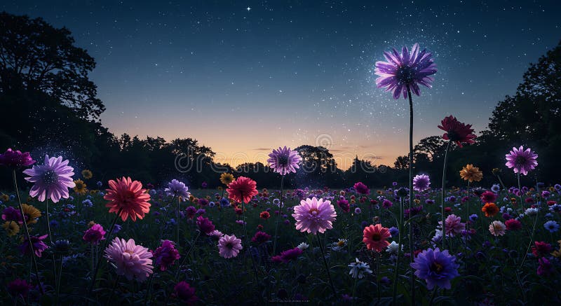 Lush-fält belyst genom att vrida ut en mängd blommor i vibrerande färger stock illustrationer