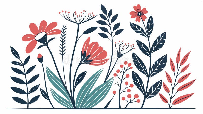 Lush-fält för färgstarka stiliserade blommor och ett stort antal växtarvektorkonstruktioner Generativ AI vektor illustrationer