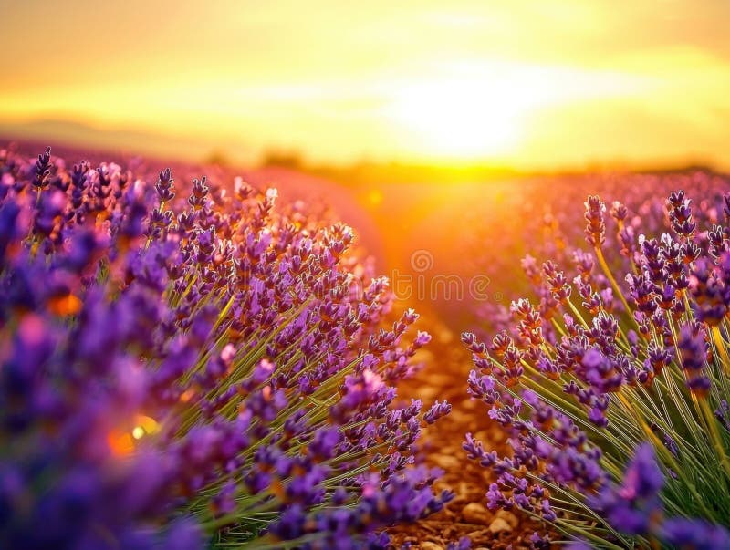 Lush-fältet för lavender-blommor under blå himmel, vilket skapar en levande naturlig miljö stock illustrationer