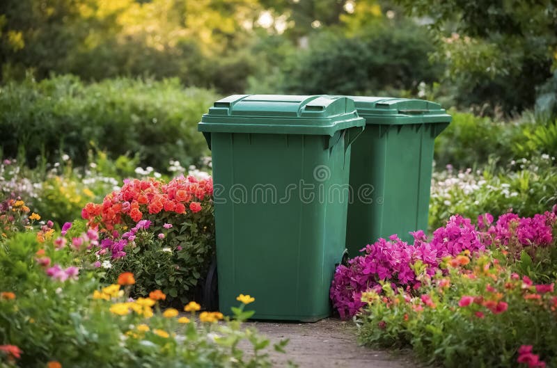 Lush garden setting with green trash bins surrounded by vibrant flowers during daylight Generative AI stock images