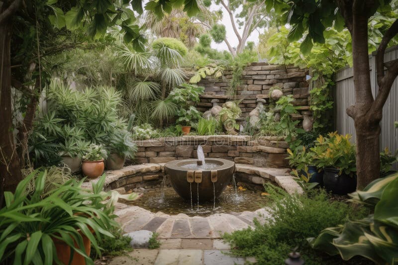 Lush Garden with Sparkling Water Feature and Cascading Plants Stock
