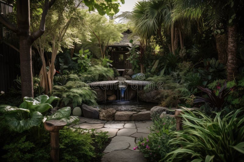 Lush Garden with Sparkling Water Feature and Cascading Plants Stock