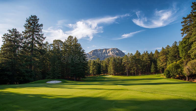 Lush green fairway on a pristine mountain golf course bordered by tall evergreen trees under a bright blue sky with wispy clouds vector illustration