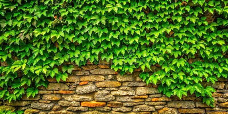 Lush green ivy cascading over a rustic stone wall, a natural textured background for design. Generative AI stock illustration