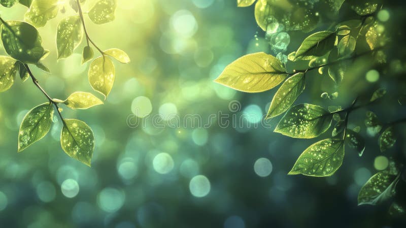 Lush Green Leaves with Dew Drops in Sunlight vector illustration