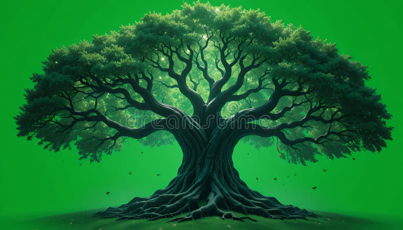 Lush Green Pixel Art Ancient Tree with Glowing Center stock illustration