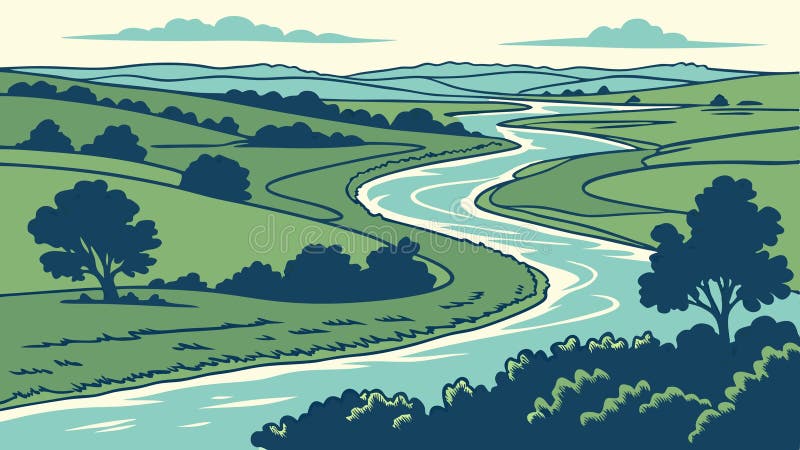 Lush Green River Οριζόντιος Διανυσματικός Σχεδιασμός απεικόνισης Γεννητικός AI απεικόνιση αποθεμάτων