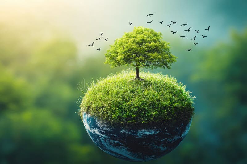 Lush green tree som växer på gräsjord med fåglar som symboliserar naturskydd och miljömedvetenhet royaltyfri illustrationer