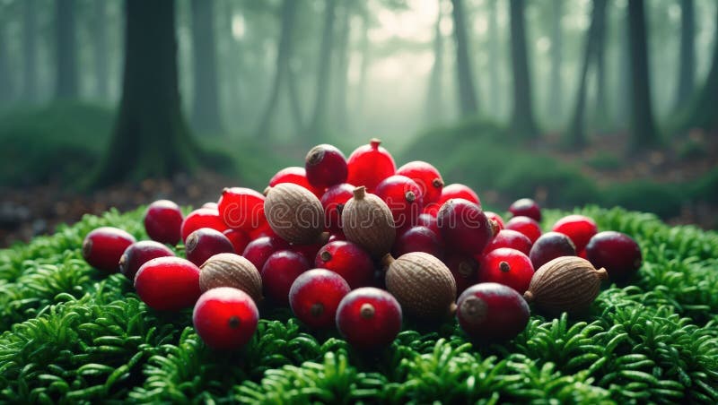 Lush Pile of Cranbär and Spices in a Misty Forest stock illustrationer