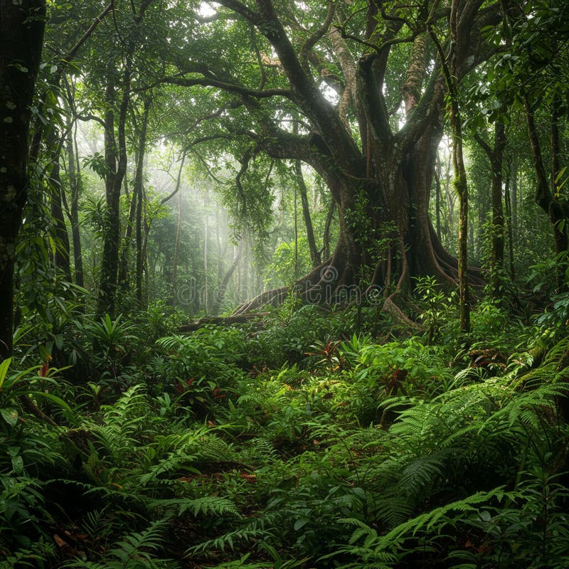 Lush rainforest scene featuring a gigantic, ancient tree with extensive roots spreadin stock illustration