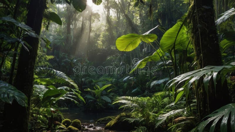 Lush Rainforest Stream Sunbeams Dappled Light Tropical Paradise royaltyfri illustrationer
