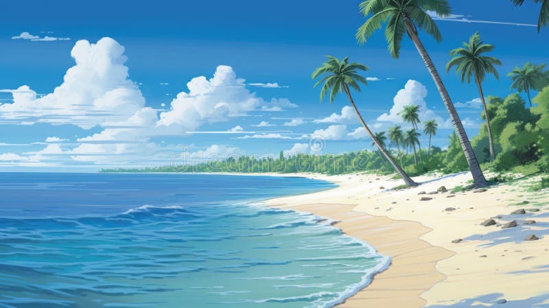Lush Scenery: A Stunning Digital Illustration Of A Beach royalty free illustration
