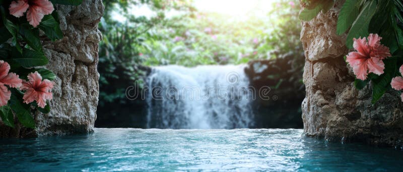 Lush tropical waterfall oasis vector illustration