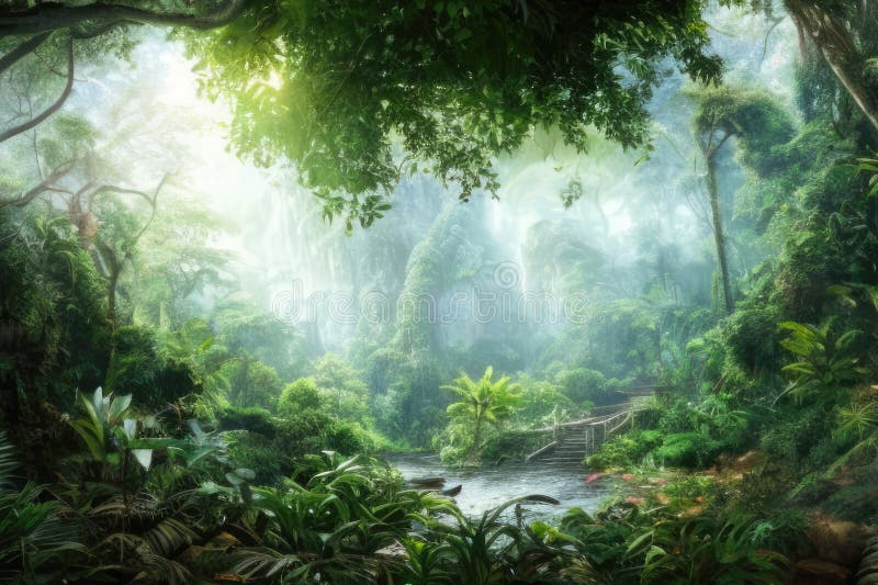 Lush, Verdant Rainforest Teeming with Vibrant Tropical Plants and Tree