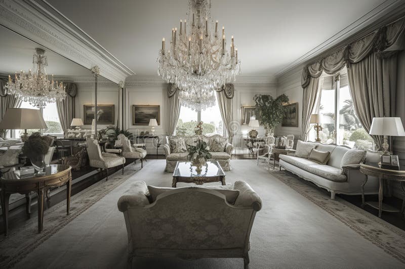 Lusso in casa : sala da soggiorno con arredi eleganti e vista all'aperto generative illustrazione vettoriale