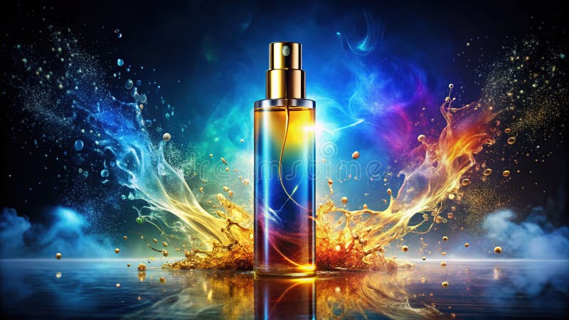 Lusso Deep Blue Lava Body Spray con accenti d'oro Una nuova frazione di fragranza per un radiante illustrazione di stock