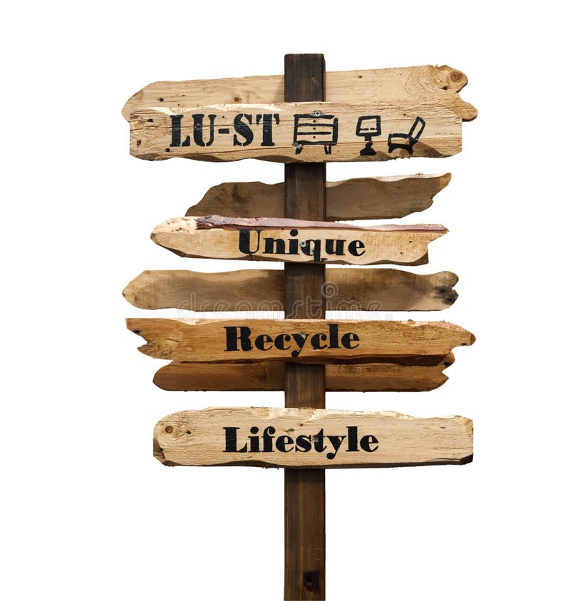 Signpost with the words Lust, Unique, Recycle, Lifestyle printed in black on wooden directional arrows, isolated, on white background, with path. Signpost with the words Lust, Unique, Recycle, Lifestyle printed in black on wooden directional arrows, isolated, on white background, with path.