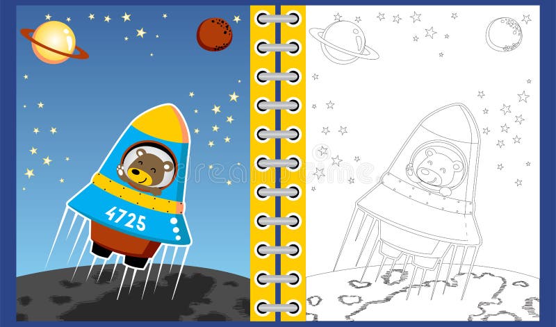Lustige astronaout Karikatur auf Rakete im Raum, Malbuch/Seite lizenzfreie abbildung Lustige astronaout Karikatur auf Rakete im Raum, Malbuch/Seite lizenzfreie abbildung