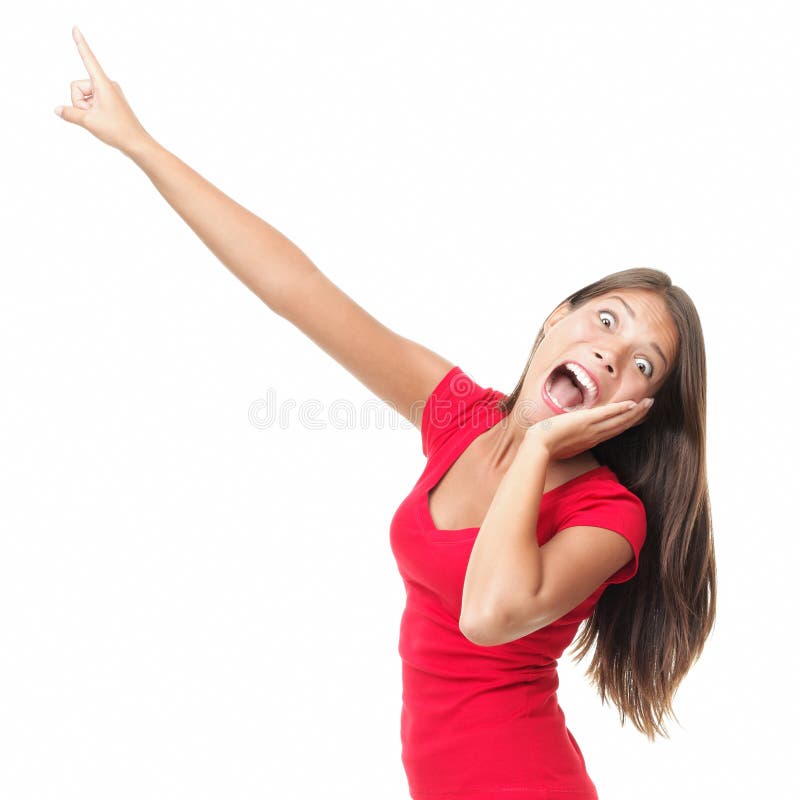 Lustige Frau überraschtes Schreien und Zeigen lizenzfreie stockfotografie Lustige Frau überraschtes Schreien und Zeigen lizenzfreie stockfotografie