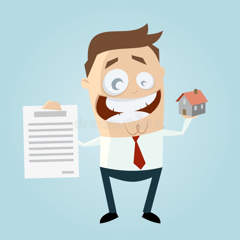 Lustige Immobilienagentur mit Haus und Vertrag stock abbildung Lustige Immobilienagentur mit Haus und Vertrag stock abbildung