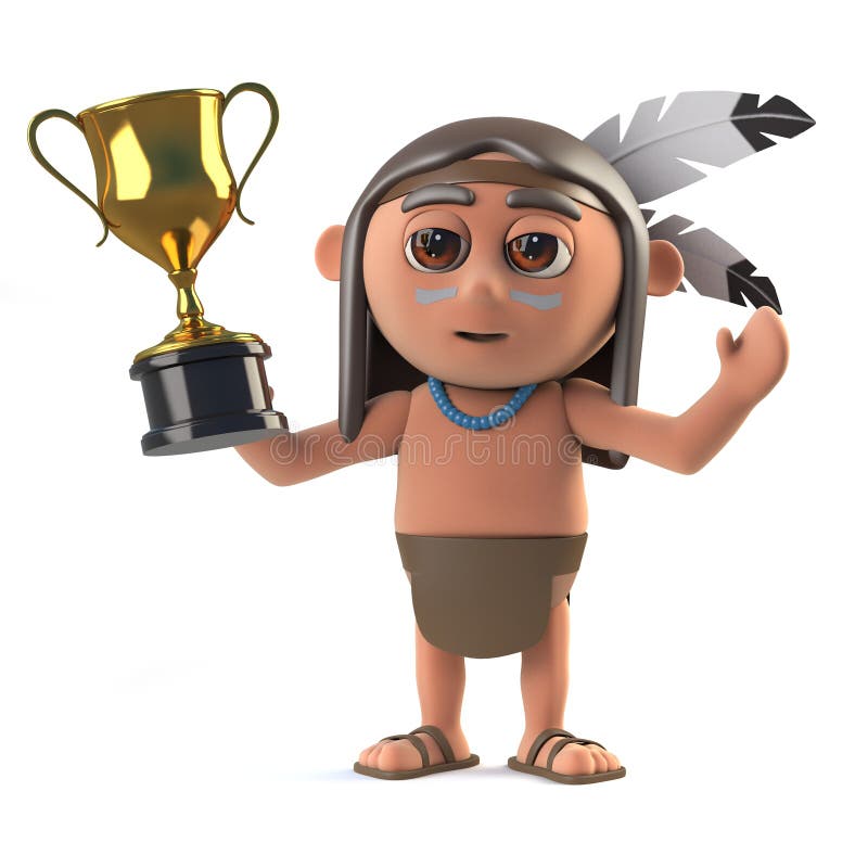 3d render of a funny cartoon Native American Indian holding a gold cup trophy award. 3d render of a funny cartoon Native American Indian holding a gold cup trophy award