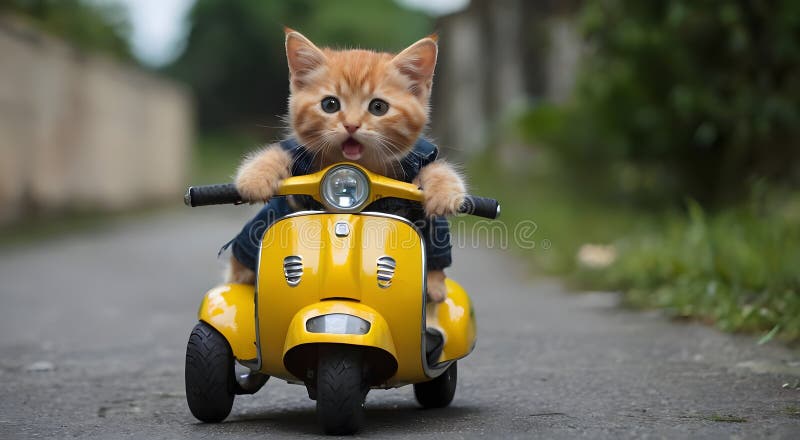 Lustige Katze auf einem Scooter süße kleine Kätzchen fröhlich reiten ein lebendiger Roller stock abbildung