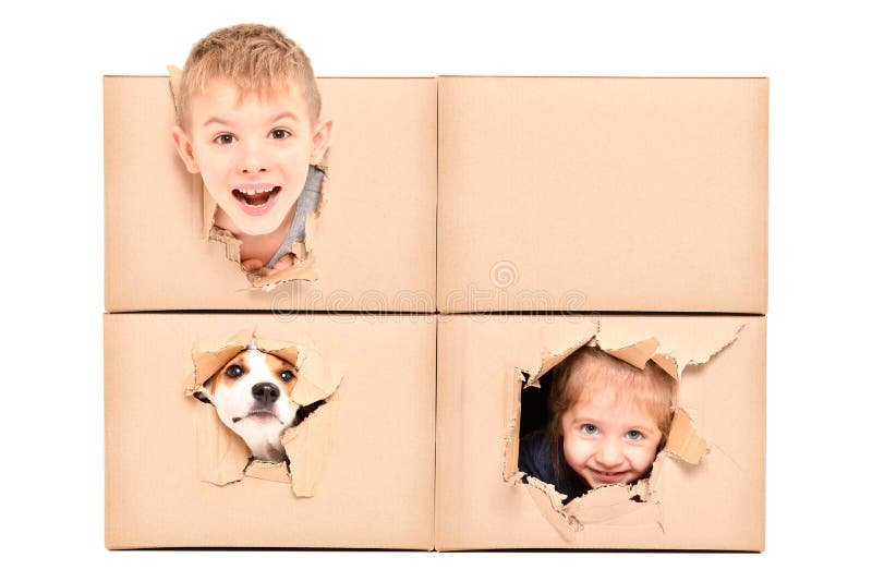 Funny kids and dog looks out of a torn hole in a box isolated on white background. Funny kids and dog looks out of a torn hole in a box isolated on white background