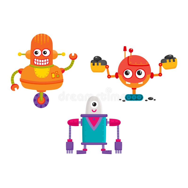 Vector flat cartoon funny repairing robots set. Cute humanoid male characters with wrench, ladle - arms and wheel, crawler track - legs smiling. Isolated illustration on a white background. Vector flat cartoon funny repairing robots set. Cute humanoid male characters with wrench, ladle - arms and wheel, crawler track - legs smiling. Isolated illustration on a white background.