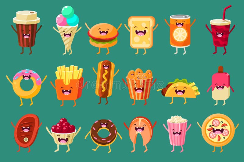 Lustige Schnellimbisscomicfiguren Pflasterstein, Eiscreme, Kaffee, Hotdog, Pizza, Pommes-Frites, Toast, Burger, alkoholfreies Get