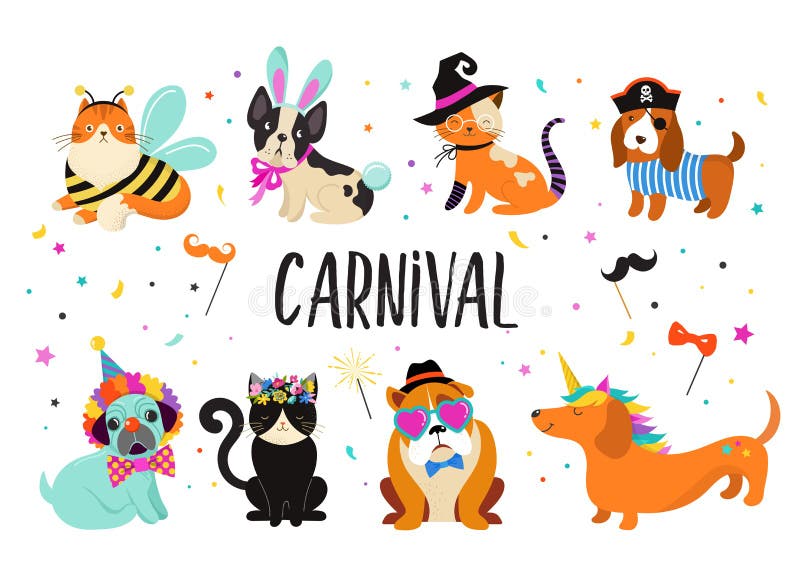 Funny animals, pets. Cute dogs and cats with a colorful carnival costumes, vector illustration template. Funny animals, pets. Cute dogs and cats with a colorful carnival costumes, vector illustration template