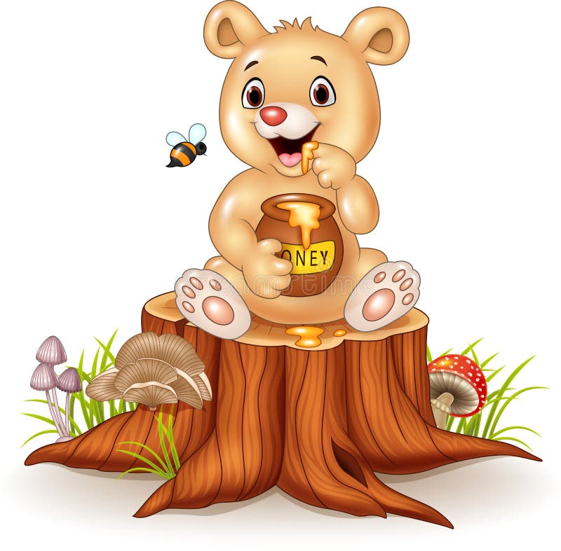 Lustiger Babybär der Karikatur, der Honigtopf auf Baumstumpf hält