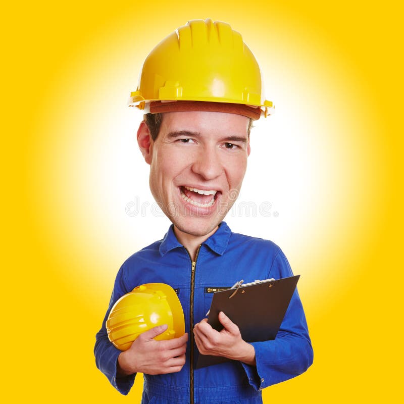 Lustiger Bauarbeiter mit Sturzhelm stockfotografie Lustiger Bauarbeiter mit Sturzhelm stockfotografie